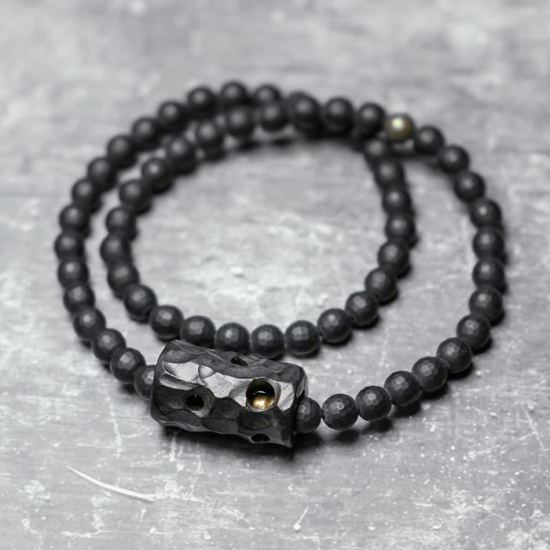Buddha Stonesつや消しカット面 ブラックオニキス 黒檀 ダブルラップ保護ブレスレット
