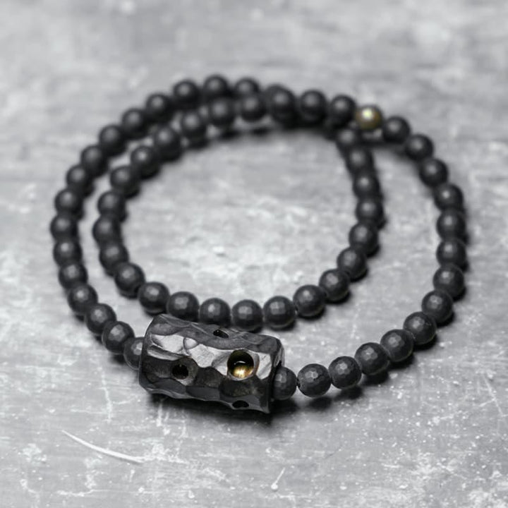 Buddha Stonesつや消しカット面 ブラックオニキス 黒檀 ダブルラップ保護ブレスレット