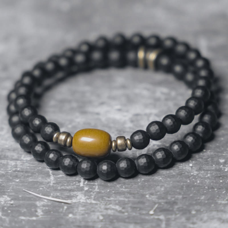 Buddha Stonesつや消しカット面 ブラックオニキス トパーズビーズ ダブルラップ保護ブレスレット