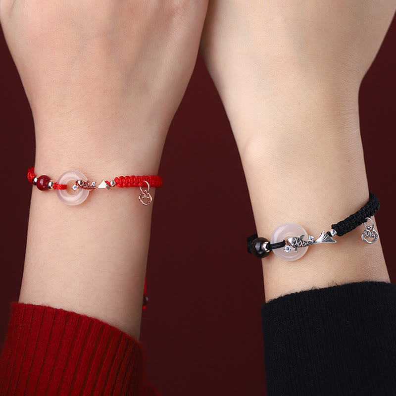 Buddha Stonesハンドメイドカルセドニー平和のお守りチャーム鯉魚925スターリングシルバー編み紐ポジティブカップルブレスレット - image 4