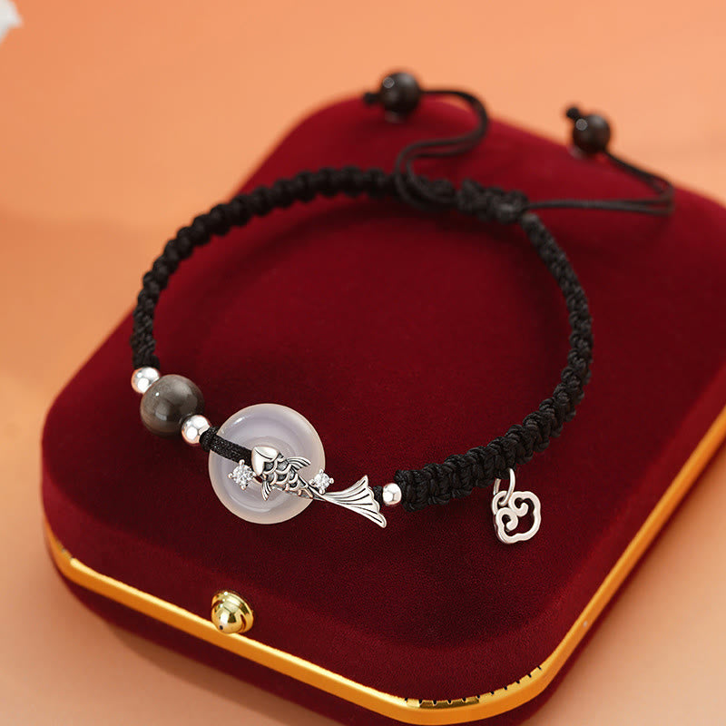 Buddha Stonesハンドメイドカルセドニー平和のお守りチャーム鯉魚925スターリングシルバー編み紐ポジティブカップルブレスレット - メンズ-カルセドニー 925 スターリングシルバー鯉ブラック (直径: 12.8cm) - image 12