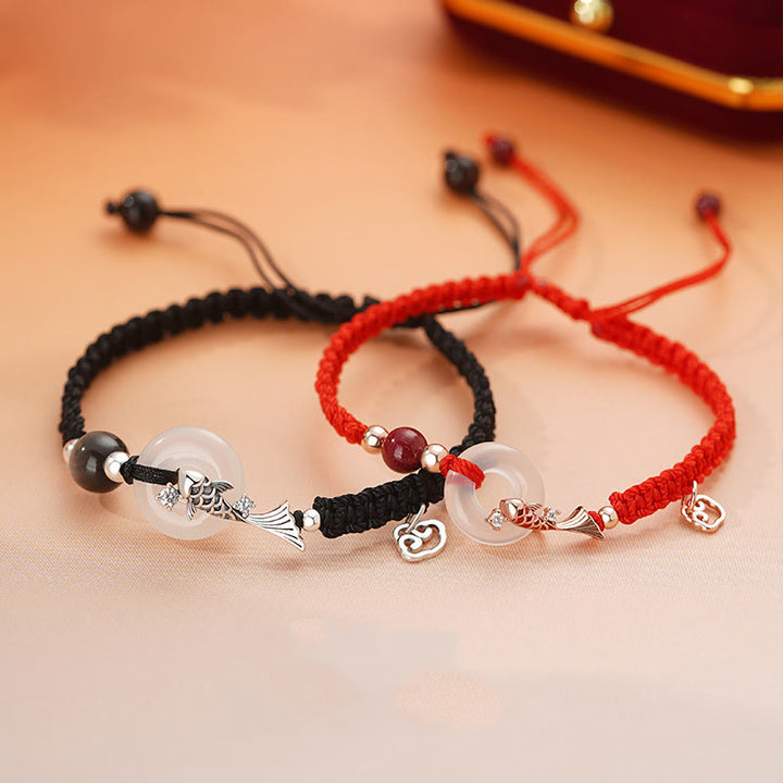 Buddha Stonesハンドメイドカルセドニー平和のお守りチャーム鯉魚925スターリングシルバー編み紐ポジティブカップルブレスレット - image 2