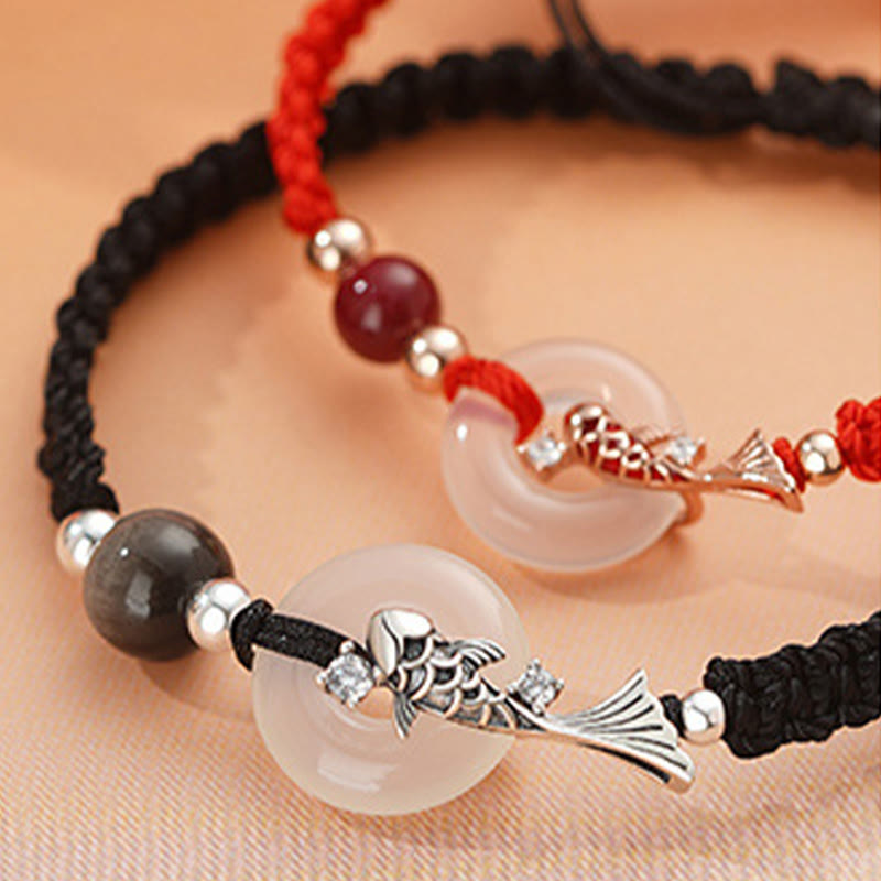 Buddha Stonesハンドメイドカルセドニー平和のお守りチャーム鯉魚925スターリングシルバー編み紐ポジティブカップルブレスレット - image 3