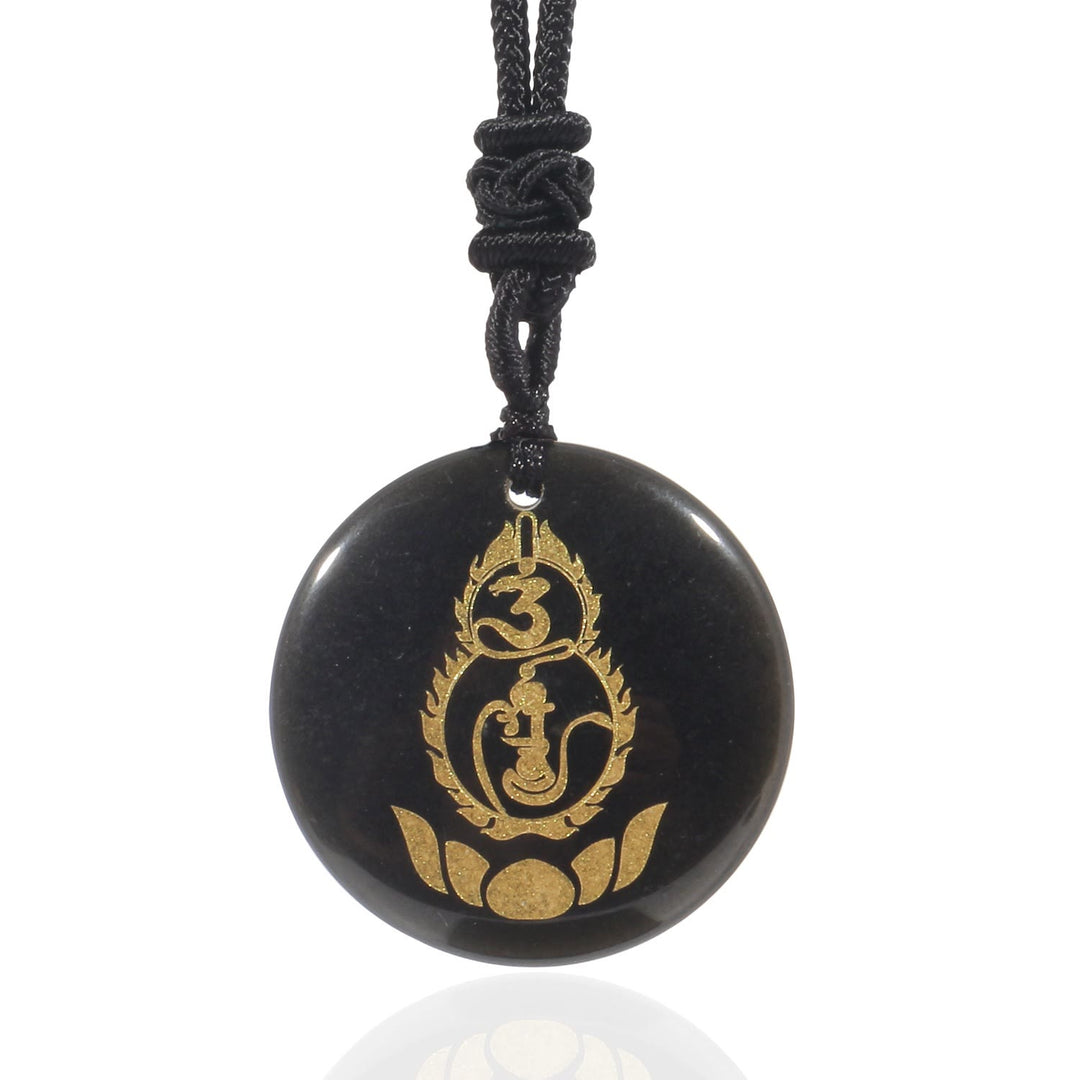 Buddha Stonesひょうたん 蓮 台座 模様 金剛杵 守護 マントラ 天然 各種 水晶 黒曜石 成就 ネックレス ペンダント - ブラックオブシディアン - image 0