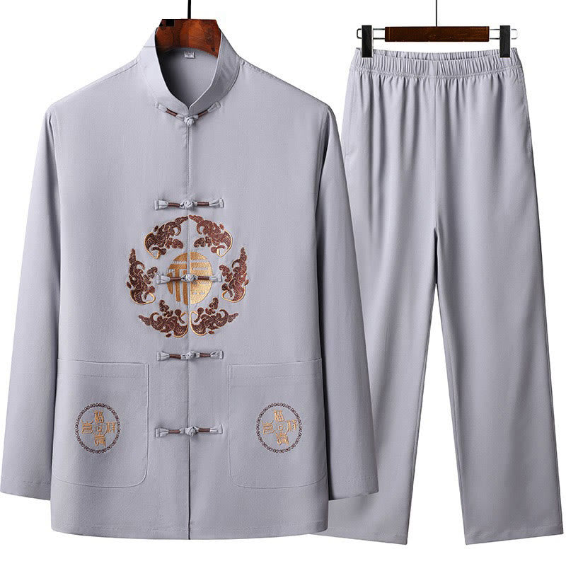 Buddha Stones中国の旧正月 刺繍 フータンスーツ 漢服 長袖 トップス パンツ 衣類 メンズセット - アザミ - US/UK/AU44、 EU54 (4XL) - image 1