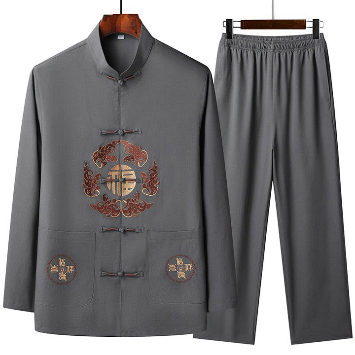 Buddha Stones中国の旧正月 刺繍 フータンスーツ 漢服 長袖 トップス パンツ 衣類 メンズセット - 薄暗い灰色 - US/UK/AU44、 EU54 (4XL) - image 4