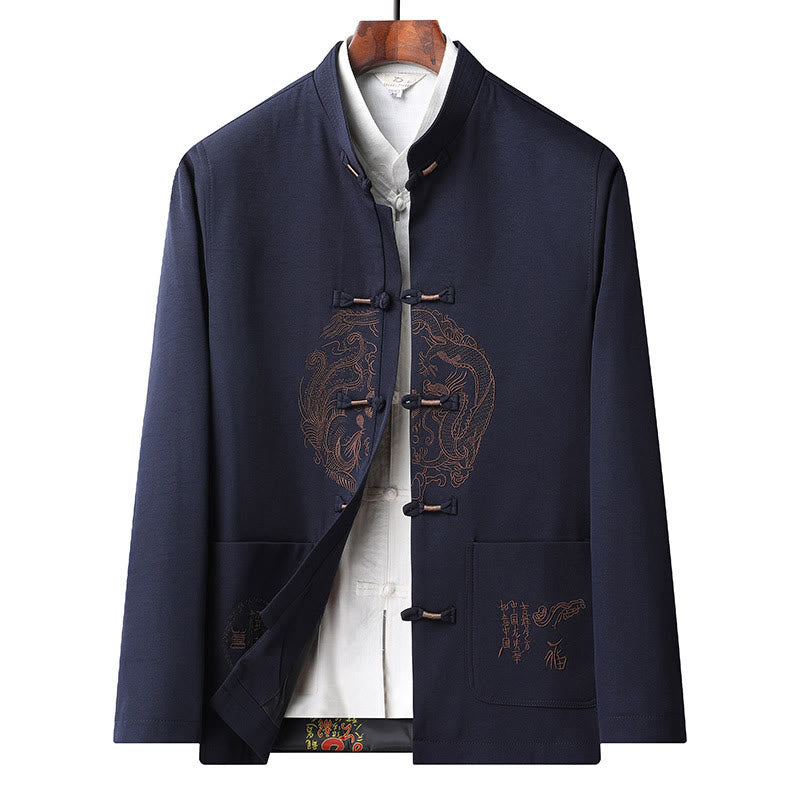 Buddha Stones中国の旧正月 刺繍 唐装 漢服 伝統制服 長袖 トップス パンツ 衣類 メンズセット - ダークブルートップ - US/UK/AU46、 EU56 (5XL) - image 16