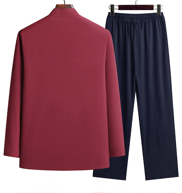 Buddha Stones中国の旧正月 刺繍 龍 カエルボタン 唐装 漢服 長袖 トップス パンツ 衣類 メンズ セット - image 1