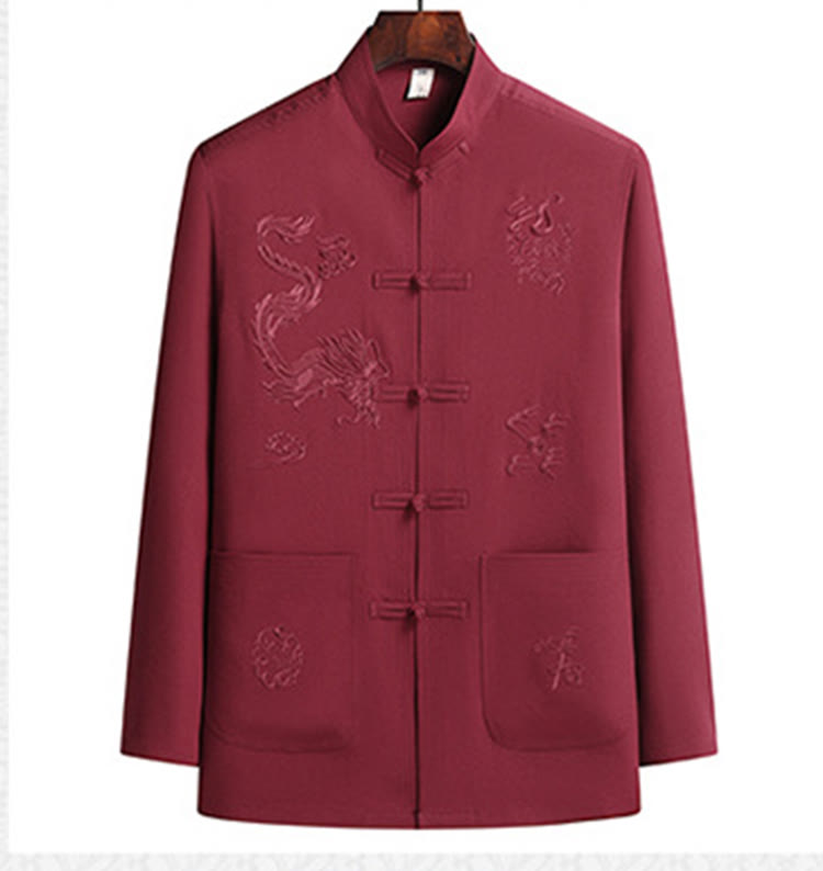 Buddha Stones中国の旧正月 刺繍 龍 カエルボタン 唐装 漢服 長袖 トップス パンツ 衣類 メンズ セット - image 2