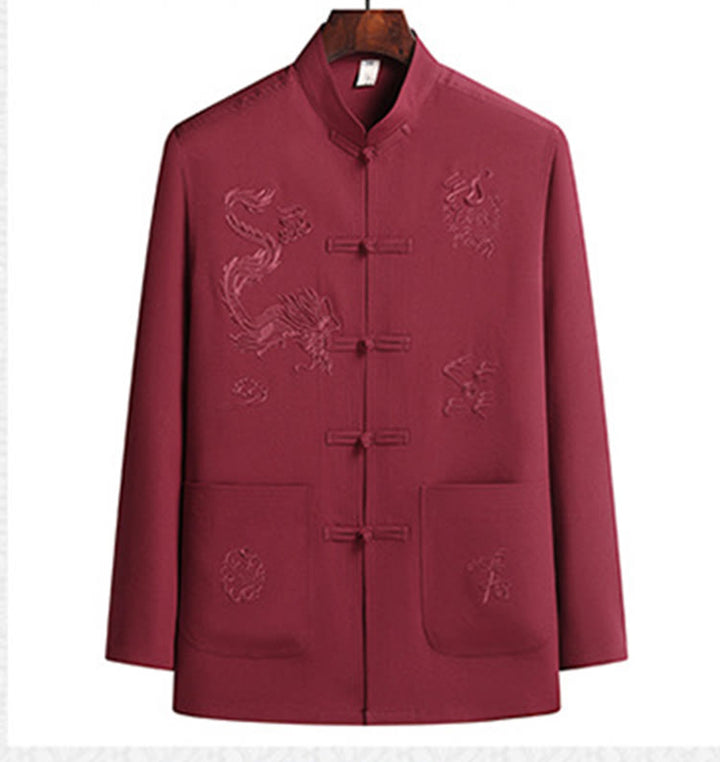 Buddha Stones中国の旧正月 刺繍 龍 カエルボタン 唐装 漢服 長袖 トップス パンツ 衣類 メンズ セット - image 2