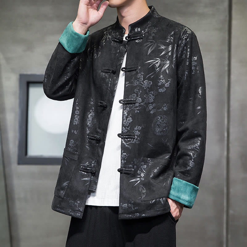 Buddha Stonesと中国の旧正月服、花柄、竹、無地、カエルボタン、唐装、綿、メンズジャケット、ポケット付きシャツ - image 29