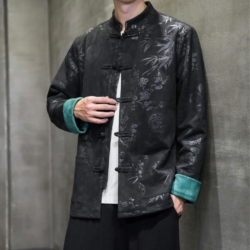Buddha Stonesと中国の旧正月服、花柄、竹、無地、カエルボタン、唐装、綿、メンズジャケット、ポケット付きシャツ - image 26