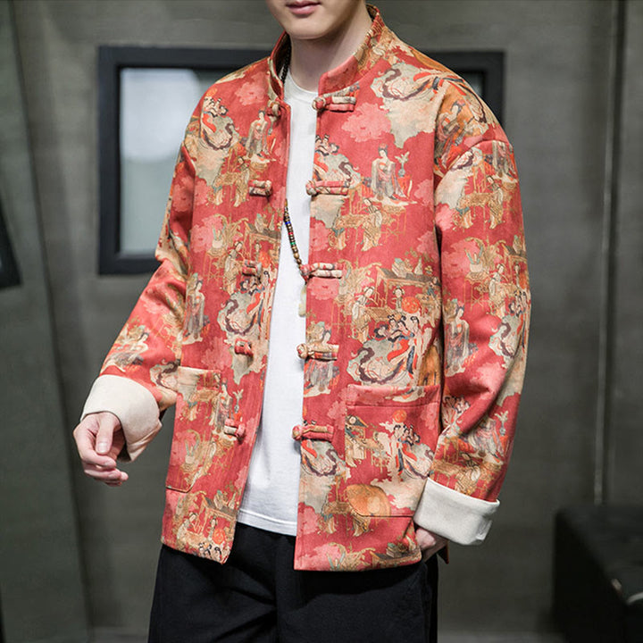Buddha Stones中国の旧正月服 古代人物画 無地 カフス カエルボタン 唐装 綿 メンズ ジャケット シャツ ポケット付き - オレンジレッド - US/UK/AU46、 EU56 (5XL) - image 0