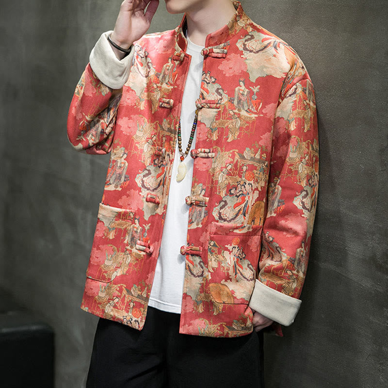 Buddha Stones中国の旧正月服 古代人物画 無地 カフス カエルボタン 唐装 綿 メンズ ジャケット シャツ ポケット付き - image 1