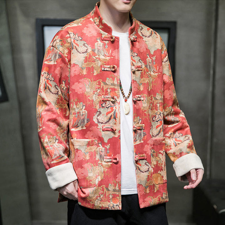 Buddha Stones中国の旧正月服 古代人物画 無地 カフス カエルボタン 唐装 綿 メンズ ジャケット シャツ ポケット付き