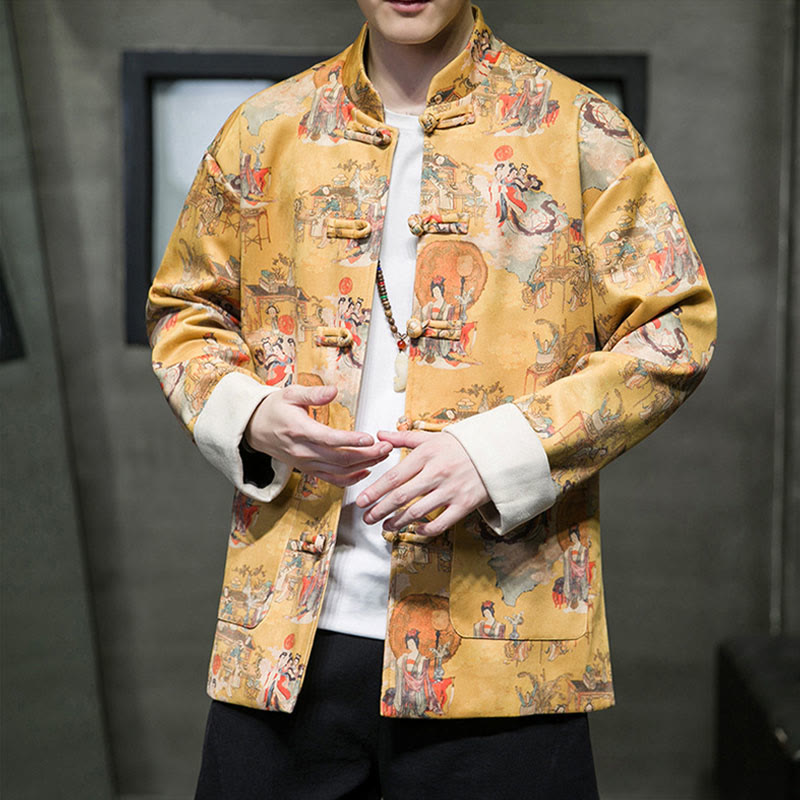 Buddha Stones中国の旧正月服 古代人物画 無地 カフス カエルボタン 唐装 綿 メンズ ジャケット シャツ ポケット付き - image 9