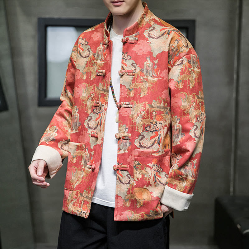 Buddha Stones中国の旧正月服 古代人物画 無地 カフス カエルボタン 唐装 綿 メンズ ジャケット シャツ ポケット付き - オレンジレッド - US/UK/AU46、 EU56 (5XL) - image 0