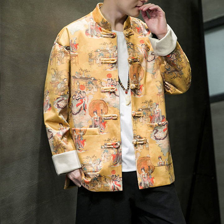 Buddha Stones中国の旧正月服 古代人物画 無地 カフス カエルボタン 唐装 綿 メンズ ジャケット シャツ ポケット付き - image 14