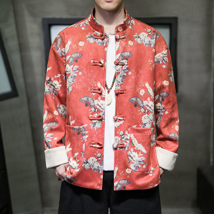 Buddha Stones、中国の旧正月服、花、扇子、鳥、カエルボタンの唐装、綿のメンズジャケット、ポケット付きシャツ - オレンジレッド - US/UK/AU46、 EU56 (5XL) - image 0