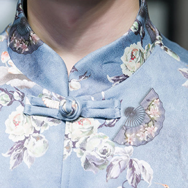 Buddha Stones、中国の旧正月服、花、扇子、鳥、カエルボタンの唐装、綿のメンズジャケット、ポケット付きシャツ - image 16