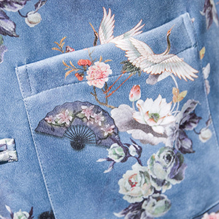 Buddha Stones、中国の旧正月服、花、扇子、鳥、カエルボタンの唐装、綿のメンズジャケット、ポケット付きシャツ - image 17