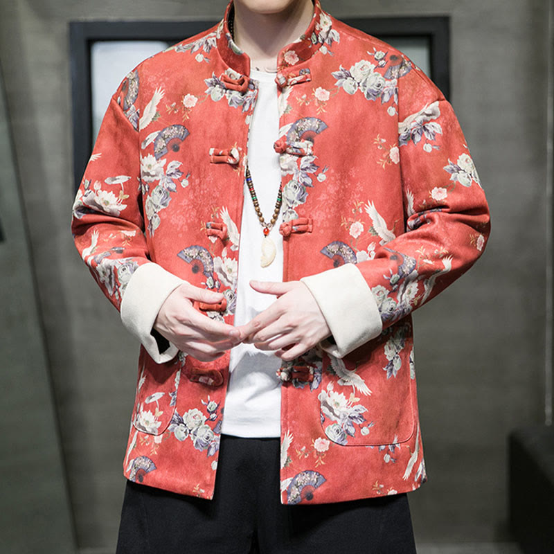 Buddha Stones、中国の旧正月服、花、扇子、鳥、カエルボタンの唐装、綿のメンズジャケット、ポケット付きシャツ - image 2