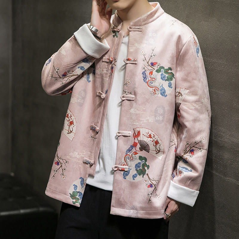 Buddha Stones、中国の旧正月服、花、龍、扇子、縁起の良い雲、カエルボタンの唐装、綿のメンズジャケットシャツ - image 2