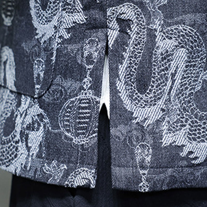 Buddha Stones中国新年 ジャカード刺繍 龍 ランタン カエルボタン 唐装 コットン メンズ ジャケット シャツ ポケット付き