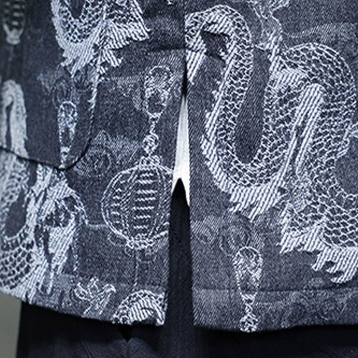 Buddha Stones中国新年 ジャカード刺繍 龍 ランタン カエルボタン 唐装 コットン メンズ ジャケット シャツ ポケット付き