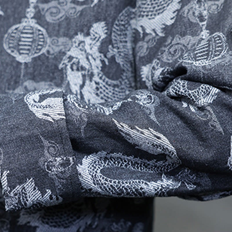 Buddha Stones中国新年 ジャカード刺繍 龍 ランタン カエルボタン 唐装 コットン メンズ ジャケット シャツ ポケット付き