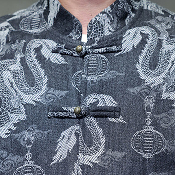 Buddha Stones中国新年 ジャカード刺繍 龍 ランタン カエルボタン 唐装 コットン メンズ ジャケット シャツ ポケット付き