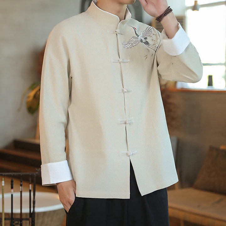 Buddha Stones、中国の旧正月、飛鶴刺繍、カエルボタン、唐装、コットンメンズジャケット、シャツ - image 23