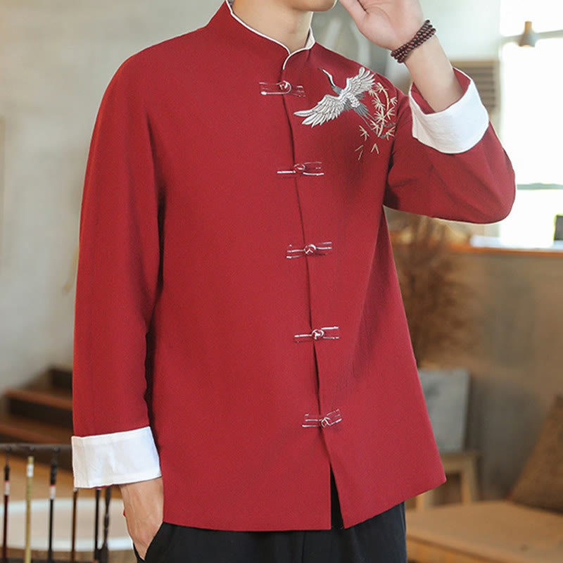 Buddha Stones、中国の旧正月、飛鶴刺繍、カエルボタン、唐装、コットンメンズジャケット、シャツ - image 7