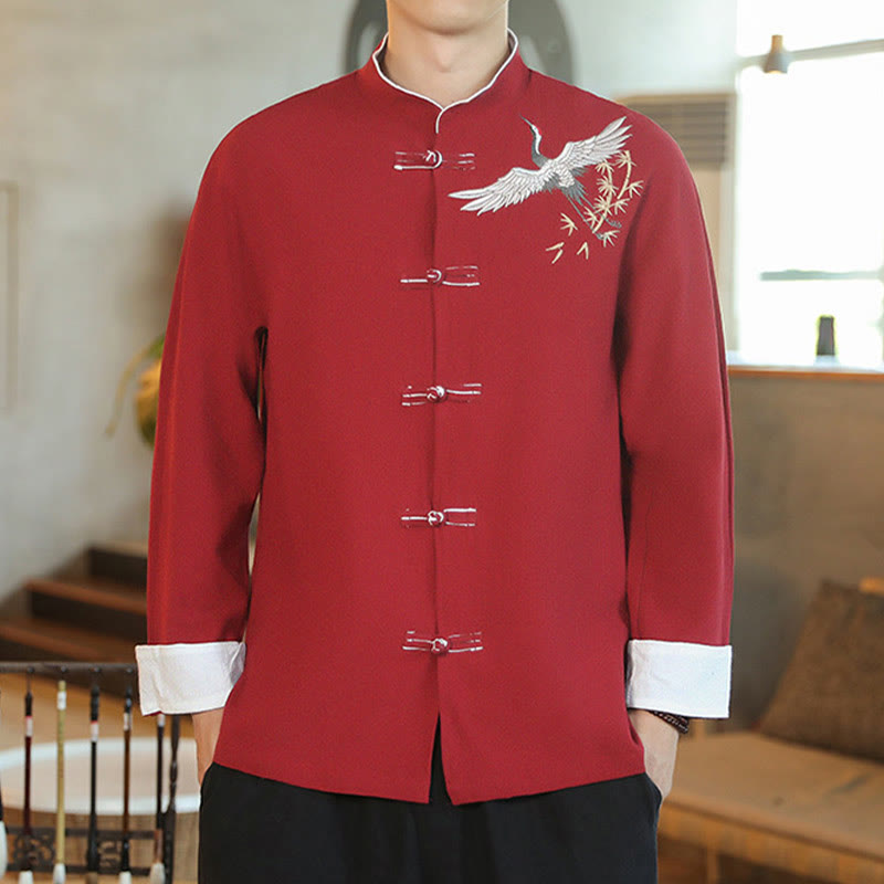 Buddha Stones、中国の旧正月、飛鶴刺繍、カエルボタン、唐装、コットンメンズジャケット、シャツ - image 2