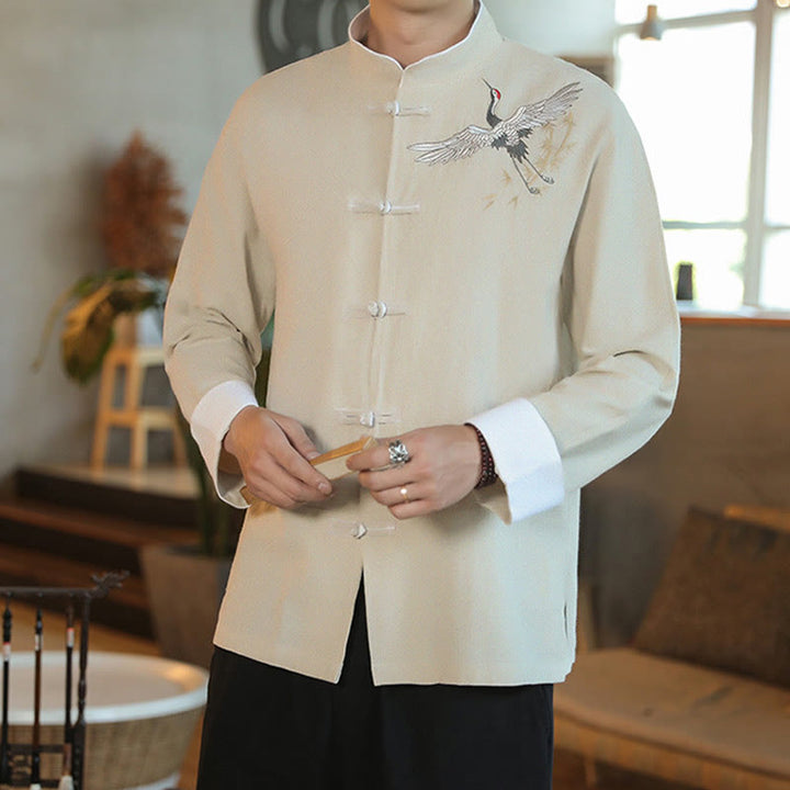 Buddha Stones、中国の旧正月、飛鶴刺繍、カエルボタン、唐装、コットンメンズジャケット、シャツ - image 17