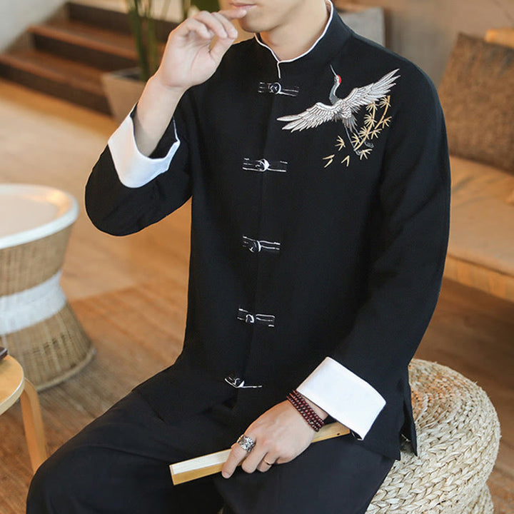 Buddha Stones、中国の旧正月、飛鶴刺繍、カエルボタン、唐装、コットンメンズジャケット、シャツ - image 12