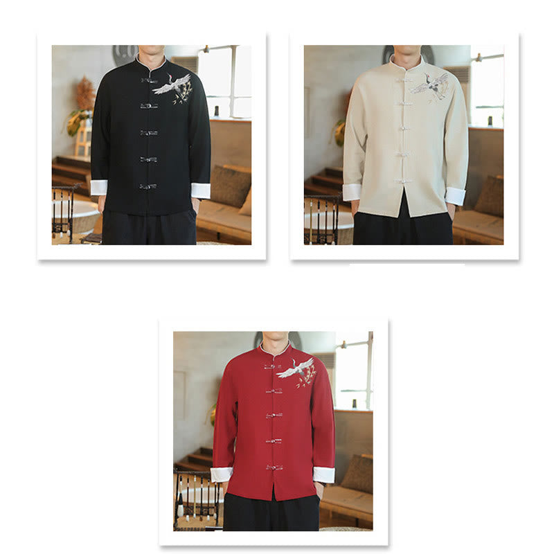 Buddha Stones、中国の旧正月、飛鶴刺繍、カエルボタン、唐装、コットンメンズジャケット、シャツ - image 1