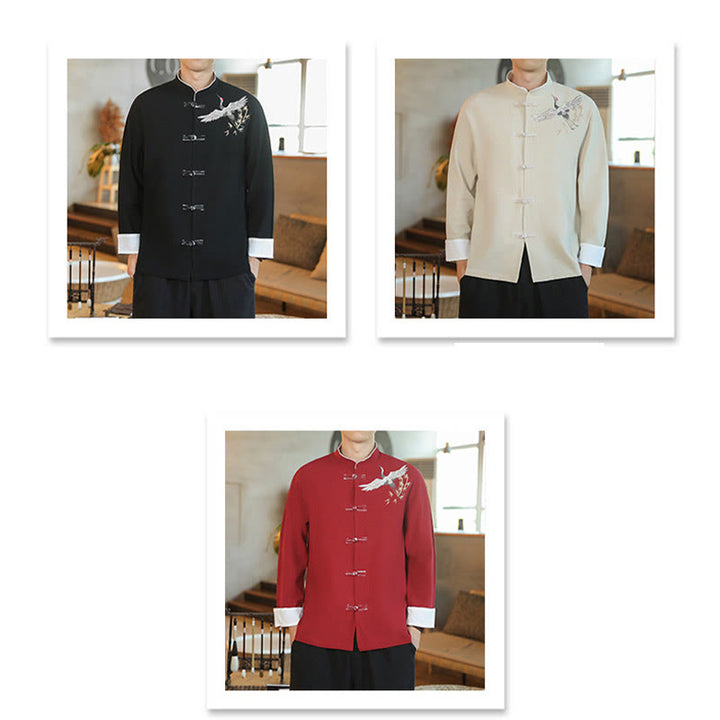 Buddha Stones、中国の旧正月、飛鶴刺繍、カエルボタン、唐装、コットンメンズジャケット、シャツ - image 1