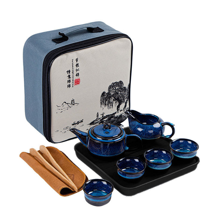 Buddha Stonesブルーグラデーションカラー 中国功夫茶 陶器ティーポット ポータブルギフトバッグボックスセット - ティーポット1個＋カップ4個＋ポット1個＋トレイ＋バッグ - image 0