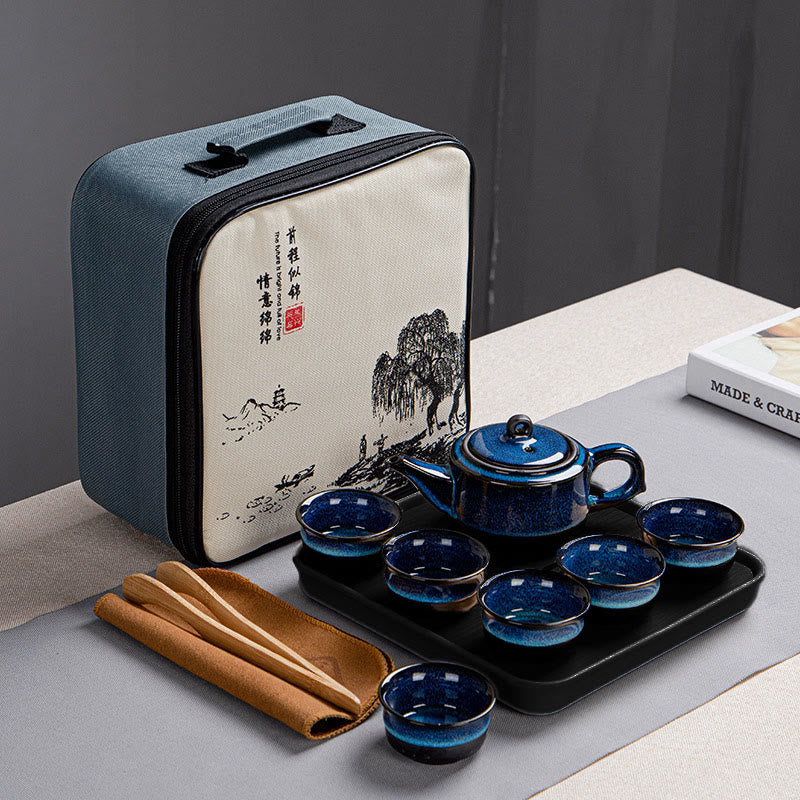 Buddha Stonesブルーグラデーションカラー 中国功夫茶 陶器ティーポット ポータブルギフトバッグボックスセット - ティーポット1個＋カップ6個＋トレイ＋バッグ - image 9