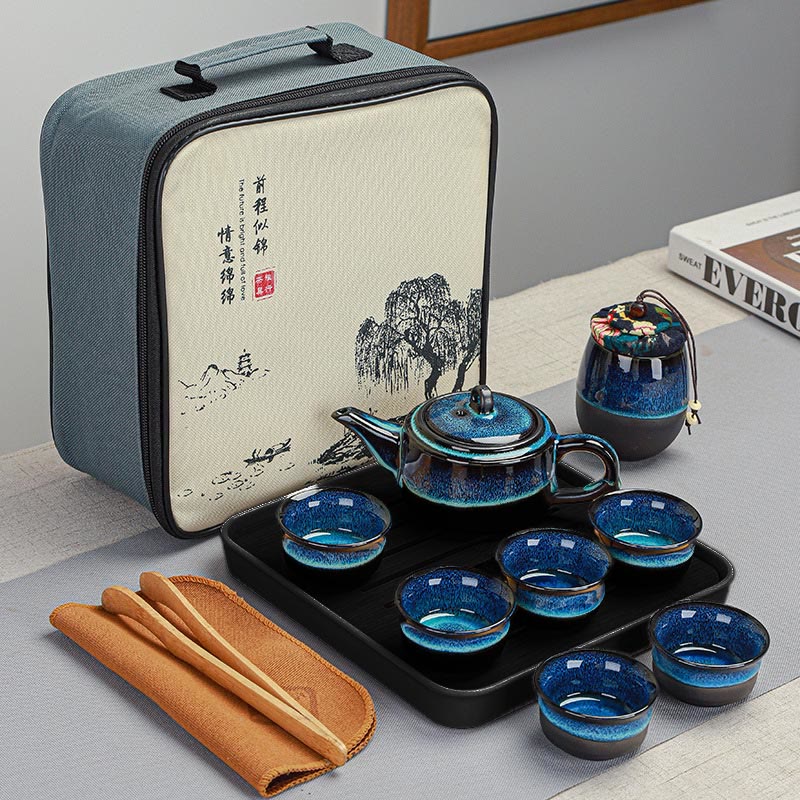 Buddha Stonesブルーグラデーションカラー 中国功夫茶 陶器ティーポット ポータブルギフトバッグボックスセット - ティーポット1個、カップ6個、缶1個、トレイ、バッグ - image 13