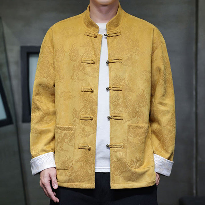 Buddha Stones、中国の旧正月、麒麟柄、カエルボタン、唐装、メンズジャケット、ポケット付きシャツ - 黄色 - US/UK/AU46、 EU56 (5XL) - image 1