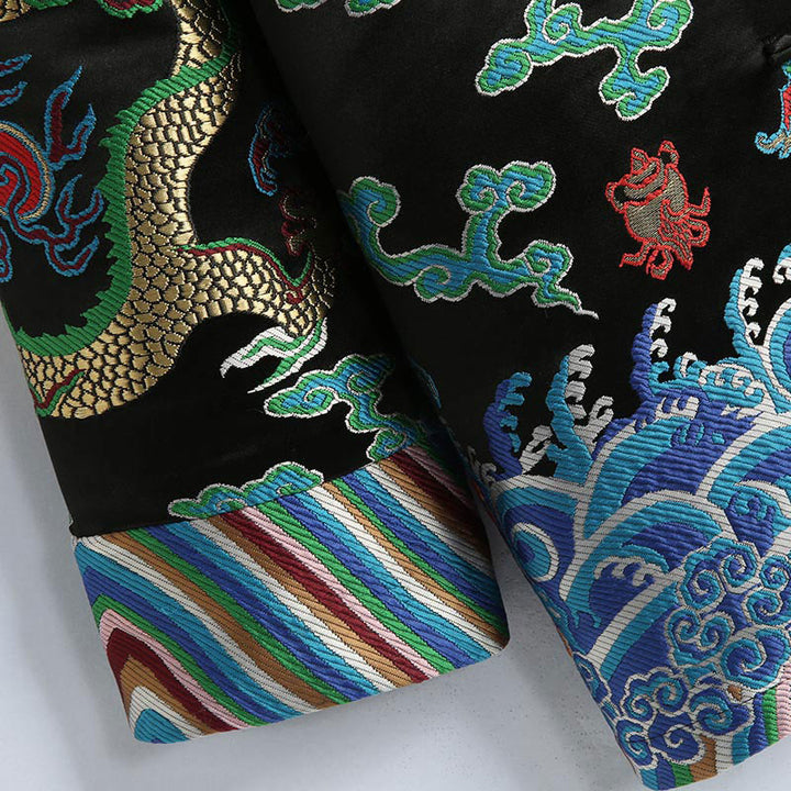 Buddha Stones、中国の旧正月、龍の刺繍、吉兆の雲、カエルボタンの唐装、メンズジャケット、シャツ