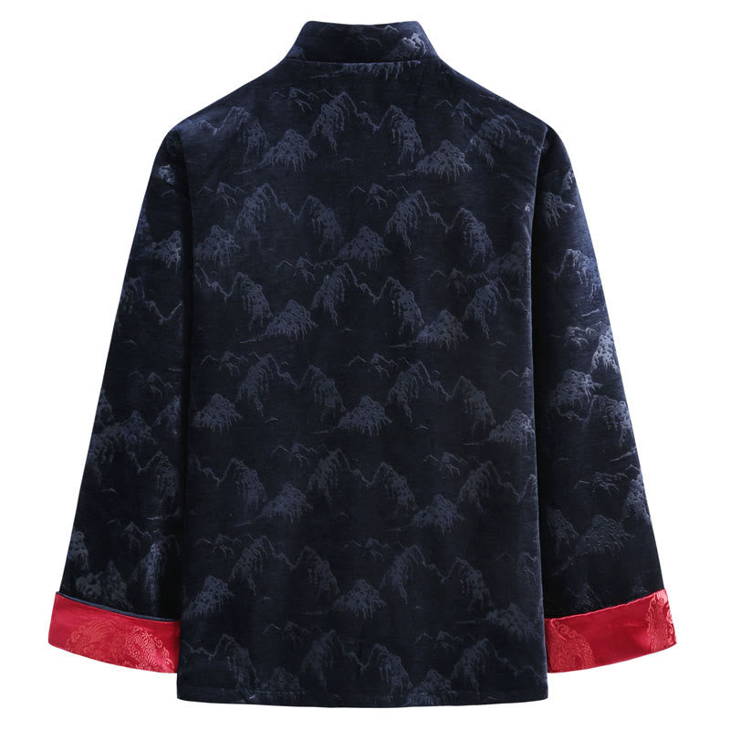 Buddha Stones、中国の旧正月風景プリント、手作りのカエルボタン唐装メンズジャケットシャツ、ポケット付き - image 5