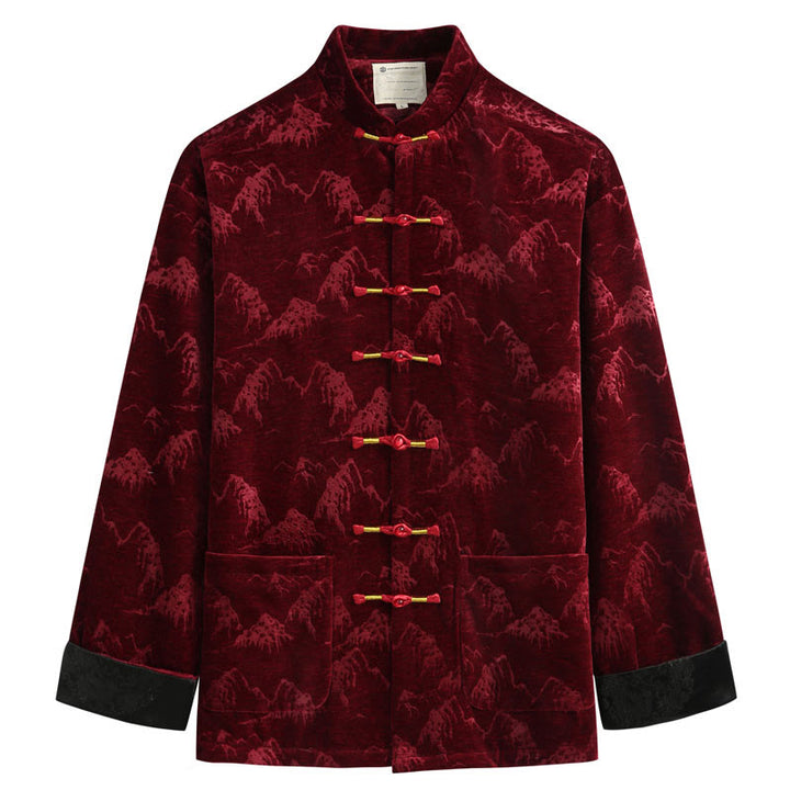 Buddha Stones、中国の旧正月風景プリント、手作りのカエルボタン唐装メンズジャケットシャツ、ポケット付き - ファイアブリック - US/UK/AU44、 EU54 (4XL) - image 0