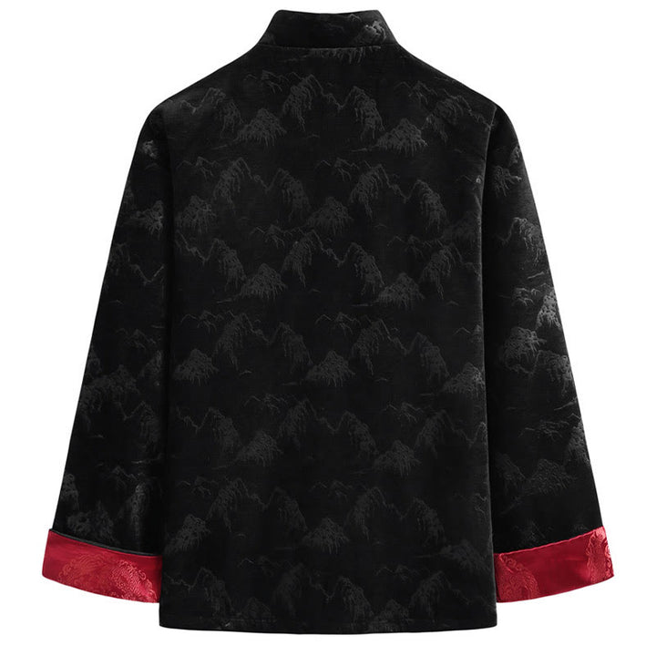 Buddha Stones、中国の旧正月風景プリント、手作りのカエルボタン唐装メンズジャケットシャツ、ポケット付き - image 3