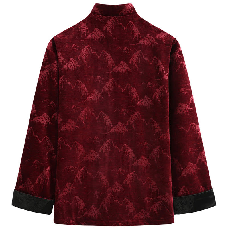 Buddha Stones、中国の旧正月風景プリント、手作りのカエルボタン唐装メンズジャケットシャツ、ポケット付き - image 1