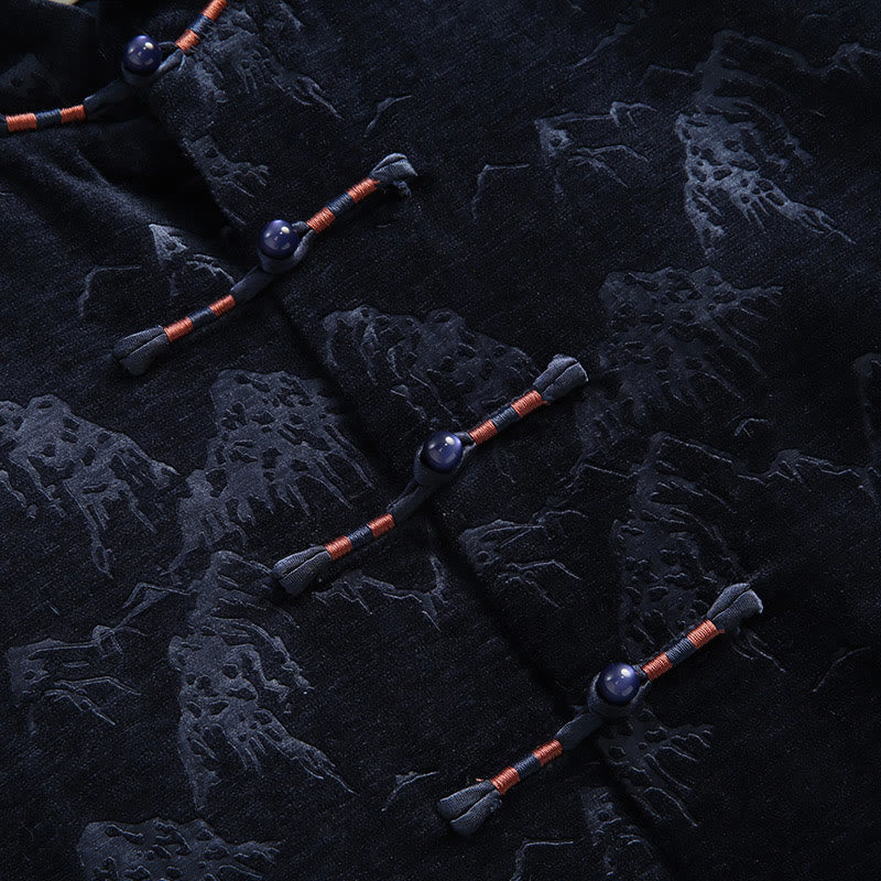 Buddha Stones、中国の旧正月風景プリント、手作りのカエルボタン唐装メンズジャケットシャツ、ポケット付き - image 7