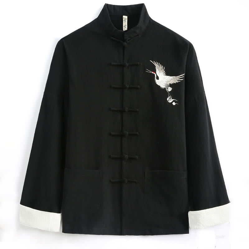 Buddha Stones中国の旧正月 鶴刺繍 唐装 漢服 長袖 トップス パンツ 衣類 コットンリネン メンズセット ポケット付き - image 1