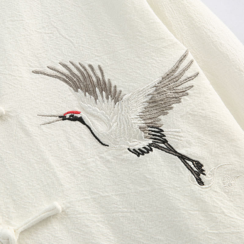 Buddha Stones中国の旧正月 鶴刺繍 唐装 漢服 長袖 トップス パンツ 衣類 コットンリネン メンズセット ポケット付き - image 8